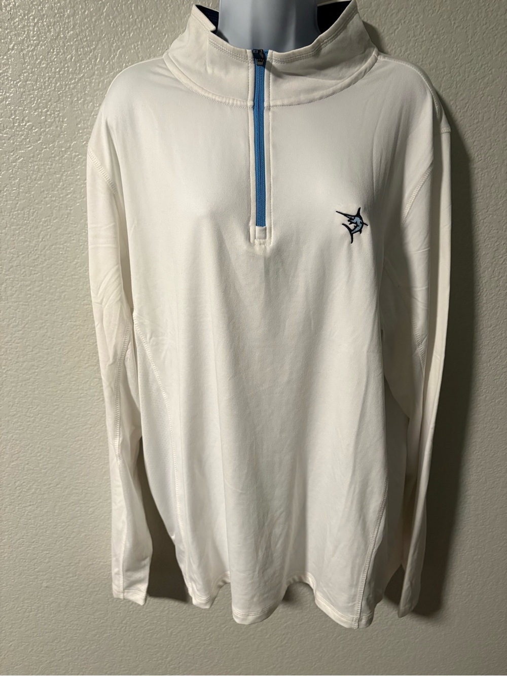 Men's White 1/4 Zip Pullover Sweater with Blue Accent